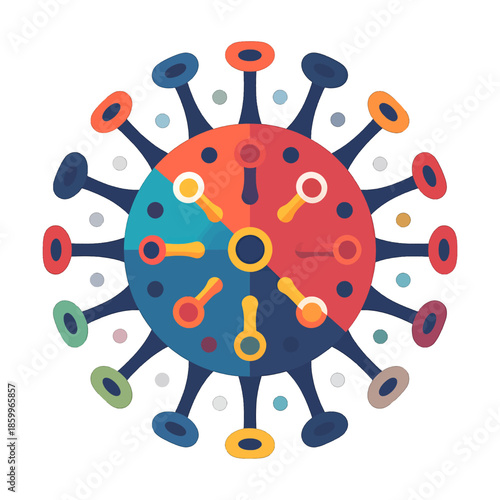 Stylized Colorful Virus Molecule Structure with Red Blue Teal And Orange Hues on White Background
