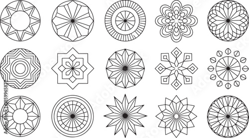 Set of geometric patterns of circles flowers and stars on transparent background