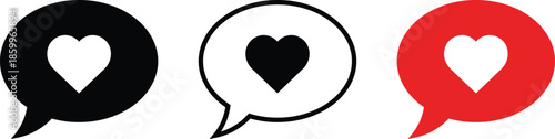 Three speech bubbles with hearts black white and red symbol communication