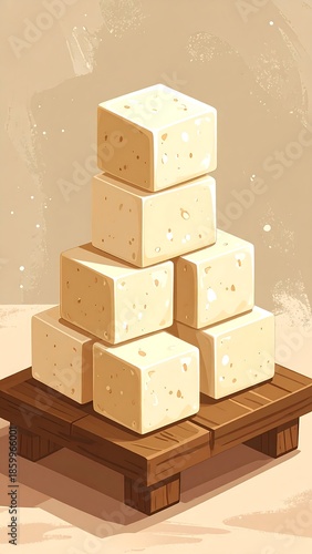 Stacked Tofu Cubes on Wooden Tray - A Culinary Still Life.