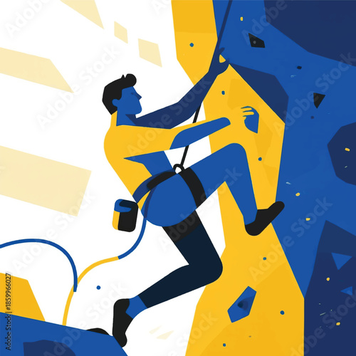 Illustration Of A Speed Climbing Athlete On A Towering Wall, Body Tilted Sharply Vector Design Template