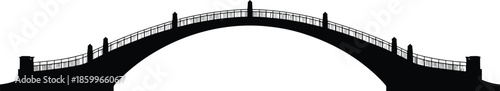 Silhouette of arched pedestrian bridge with railings and lamp posts isolated on gray