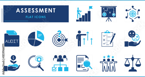 A set of flat icons related to Assessment. Audit, analysis, plan, evaluation, quality process, happy, study, strategy, vision, and so on.