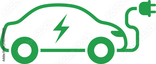 Green electric car charging with lightning bolt symbol and plug