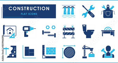 A set of flat icons related to Construction. Build, measure, worker, mapping, earth, saw, tools, and so on.