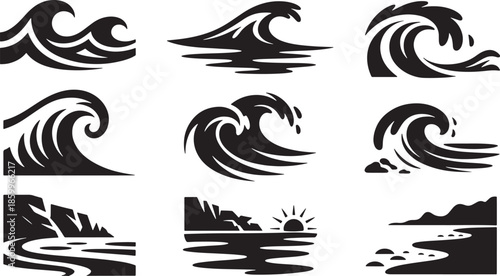 Silhouettes of various waves collection isolated on transparent background