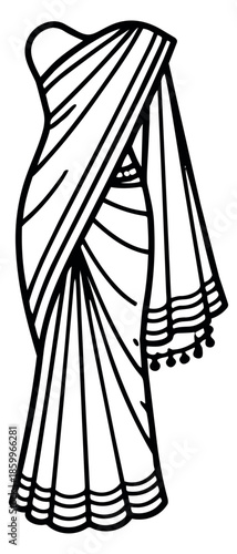 Line art illustration of a saree depicting traditional Indian clothing for cultural events