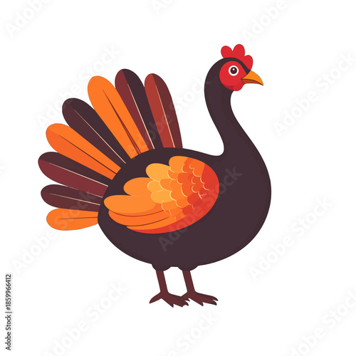 Isolated Brown Turkey with Orange Feathers Illustration on White Background