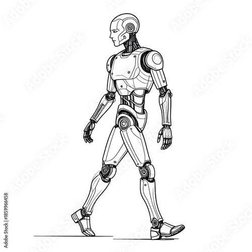 Walking Humanoid Robot with Metallic Body on White Background Computer Generated Image with Complex Mechanical Detail and Industrial Design