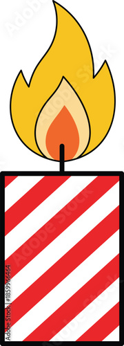 Red and white striped birthday candle with yellow orange flame red and white stripes fire