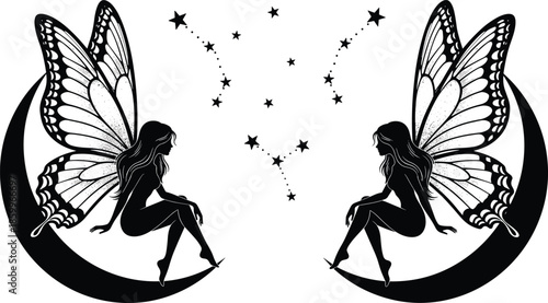 mystical fairy silhouette illustration with butterfly wings on crescent moon, fantasy magic female fairy art with stars night design vector
