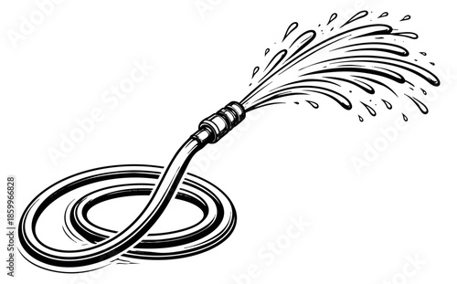 Hand drawn line art illustration of a garden hose depicting water spraying for gardening tasks