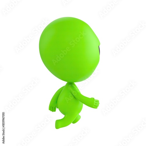 Cute 3D render Little Alien character walking away with its back turned to the camera, gentle departure pose, isolated on white background.