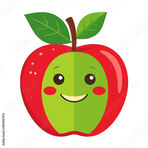 Cheerful Cartoon Apple Character with Red Skin Green Interior and Smiling Face Isolated on White Background