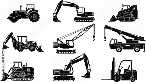 Heavy construction machinery silhouette vector set featuring excavators cranes bulldozers and forklift for industrial building projects road work and civil engineering background designs.