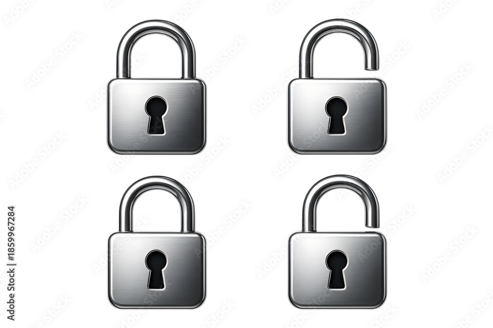 Fototapeta premium Metallic Lock and Unlock Security Icons Isolated on Transparent Background