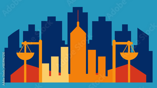 Vibrant Cityscape with Scales of Justice