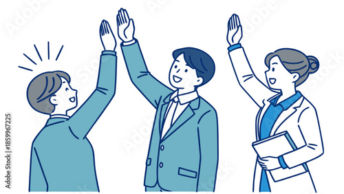 Three professionals celebrating success with a high five gesture.