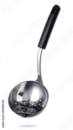 Stainless Steel Skimmer Ladle with Black Handle for Kitchen Use.