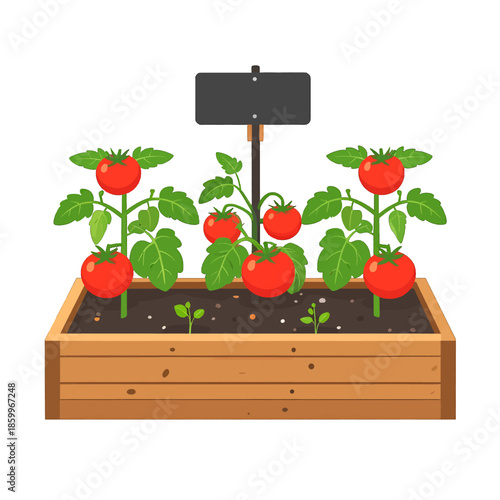 Pixel Art Style Raised Garden Bed with Ripe Red Tomatoes and Green Leaves Under Bright Lighting Against White Background