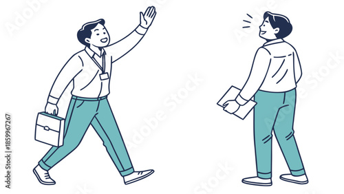 Two men passing each other with briefcases, one waving and smiling, the other looking surprised.