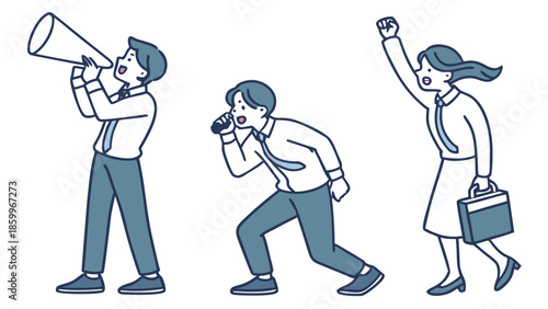 Three business people actively protesting or making announcements with a megaphone and microphone.