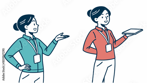 Two women in business attire, one holding a tablet and the other gesturing, both wearing lanyards with ID badges.