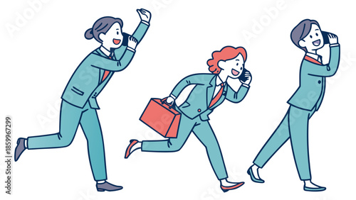 Three busy business people running and walking while talking on their cell phones, illustrating a fast-paced work environment.