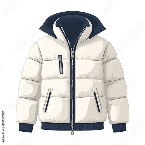 Isolated White Puffer Jacket Illustration with Dark Blue Accents and Pixelated Style Against Plain White Background