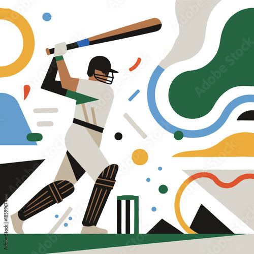 Illustration Of A Cricket Player, The Swing Of The Bat Creates A Curve In Space Vector Design Template