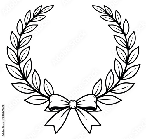Hand drawn line art illustration of a laurel wreath with a bow depicting success for decorative purposes