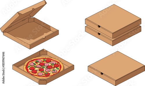 Pizza box set showing open and closed cardboard packaging with pizza inside, food delivery container illustration isolated on white background