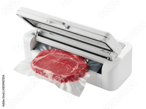 Vacuum sealer machine sealing raw meat in plastic bag