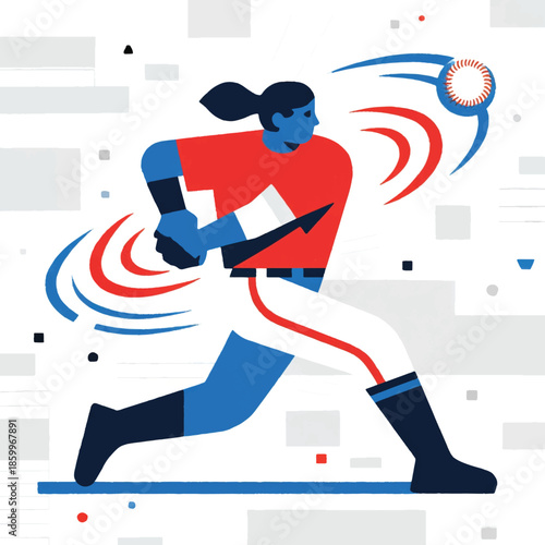 Illustration Of A Softball Pitcher Throwing A Ball, The Ball's Trajectory Is Replaced By An Irregular Spiral Line Vector Design Template