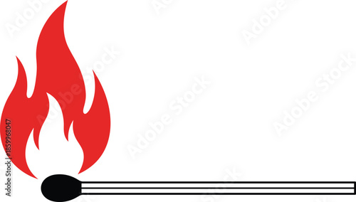 Red flame burning on a black matchstick with white stripes fire