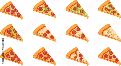 Pizza slice toppings collection illustration, assorted pepperoni mushroom vegetable cheese pizza slices isolated on white background vector set flat design