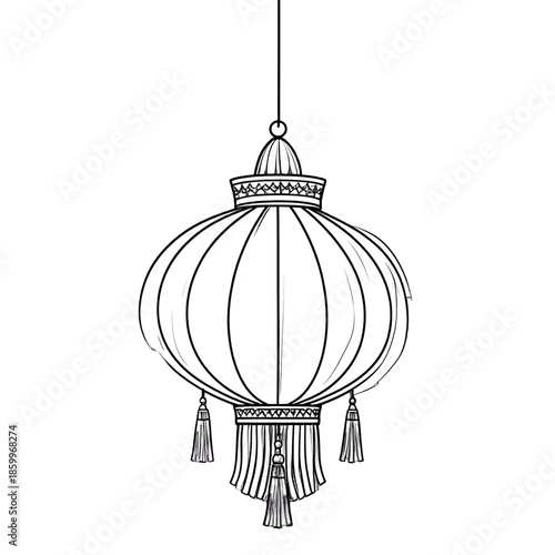 Detailed Line Art Illustration of a Decorative Hanging Lantern with Tassels on White Background
