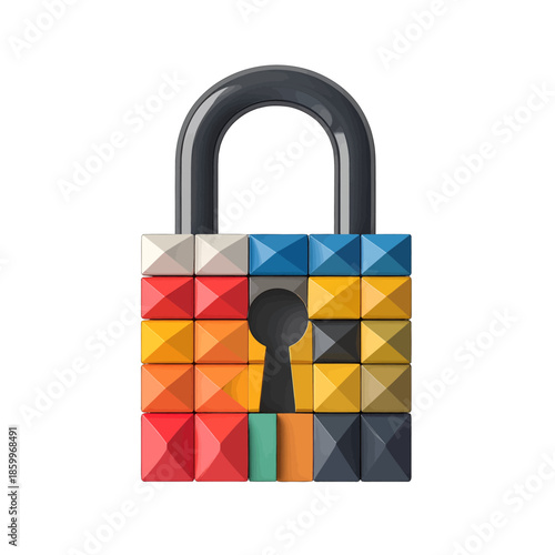 Colorful Geometric Padlock Illustration with Grayscale Shackle on White Background