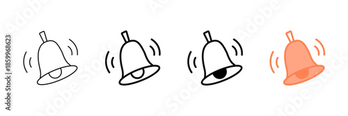 Set of minimalist bell icons with transparent background, depicting notification symbols, alarm alerts, sound reminders, and UI elements, vector illustration