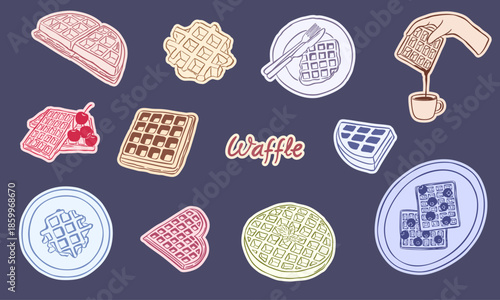 hand drawn sketch of waffles with different color - vector illustration collection set