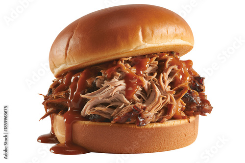 Juicy pulled pork sandwich with bbq sauce isolated on transparent background