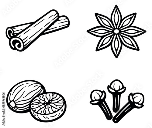Hand drawn line art spice set featuring cinnamon, star anise, nutmeg, and cloves for cooking and culinary designs