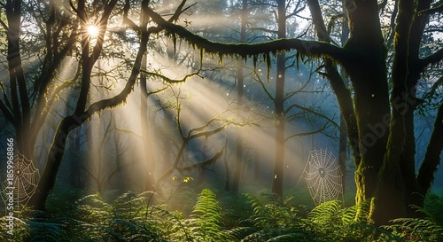 Golden sunbeams pierce a mystical forest, illuminating spiderwebs in morning mist