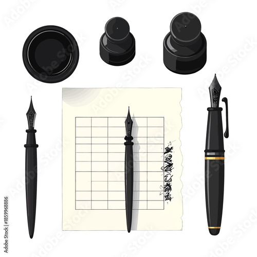 Vintage Fountain Pens with Inkwell on Paper with East Asian Script in Pixel Art Style