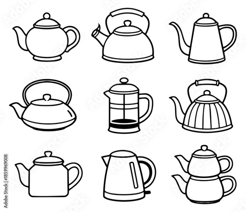 Hand drawn line art teapots and kettles set featuring various designs including a French press for hot beverage preparation