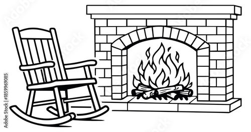 Hand drawn line art illustration of a cozy home interior depicting a rocking chair beside a fireplace with burning logs for relaxation