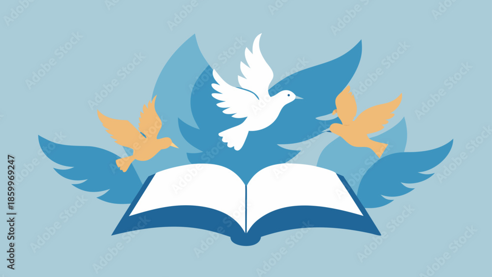Fototapeta premium Illustrative Dove Symbols Surrounding Open Book