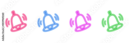 Neon glowing ringing bell vector icons set, notification, alert, reminder, message, app, ui, vibrant colorful digital design illustration on transparent background.