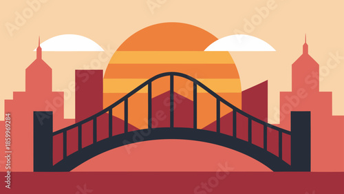 Urban Sunset Bridge Illustration Minimalist Style Happy Mood
