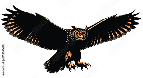 Flying Black Owl with Orange Accents Isolated on White